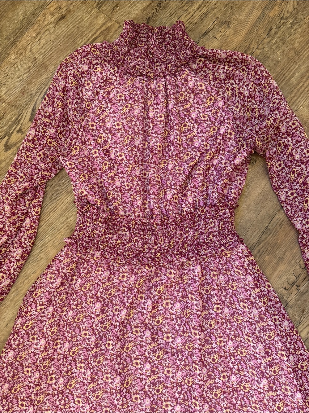 High-Neck Floral Smocked Long-Sleeve Midi Dress in Berry Pink - Picture 1 of 3